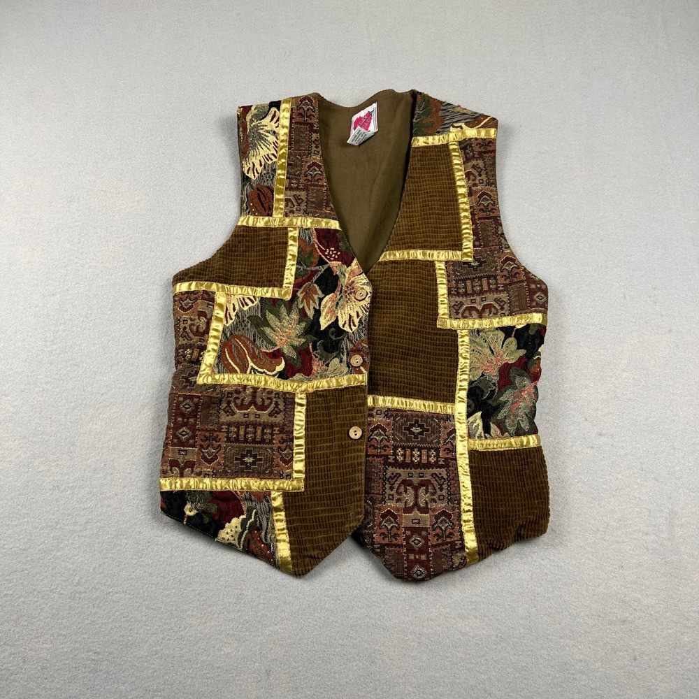 Keren Hart Patchwork Vest Women Small Brown Tapestry Corduroy Boho Artsy Vintage